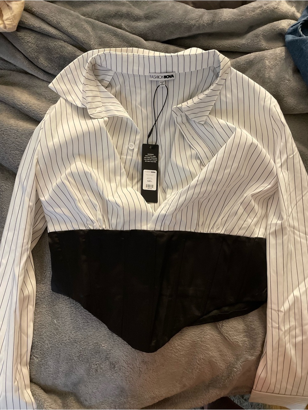 Fashion Nova White Pinstripe Button-Down with Black Waist Panel